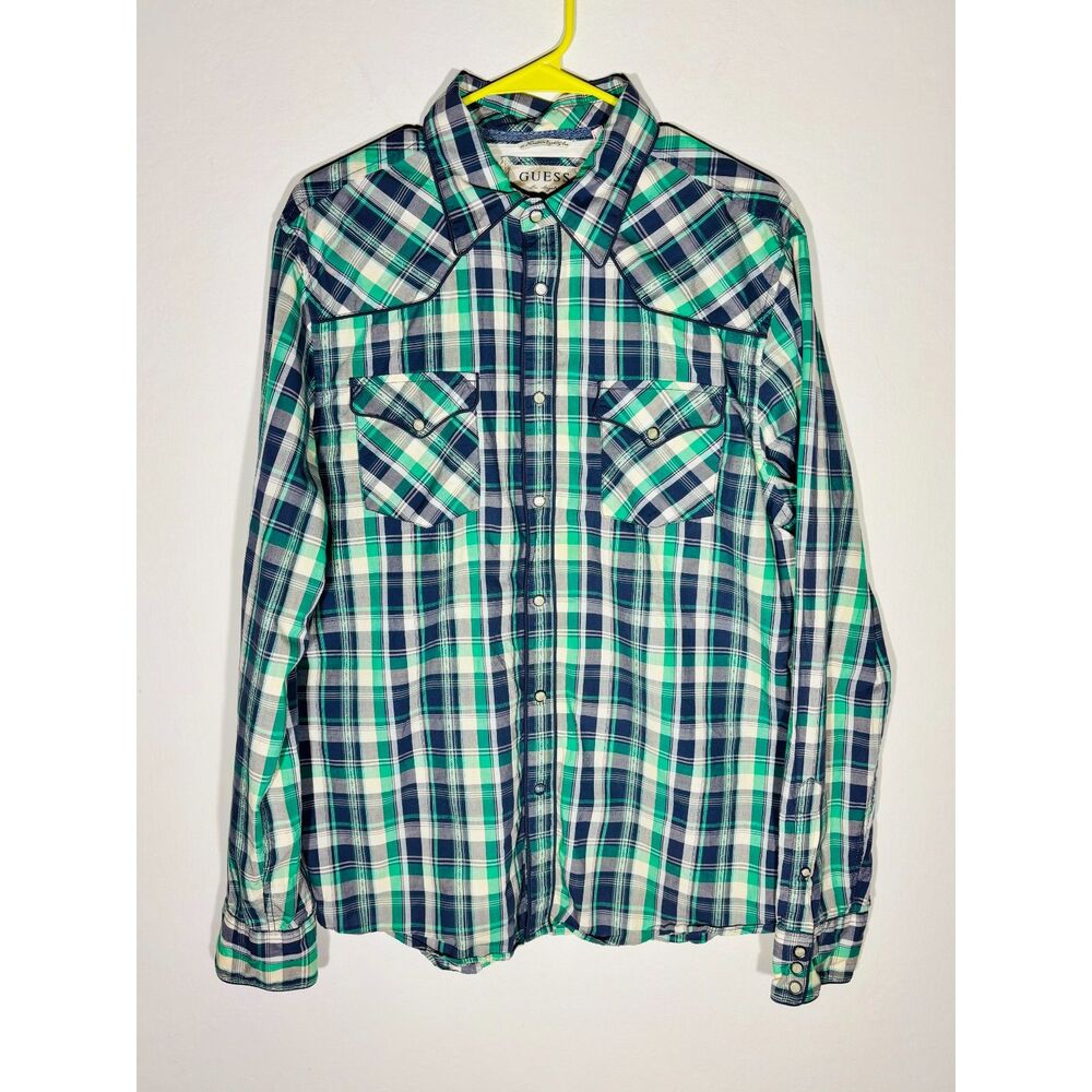 GUESS Men’s Plaid Western Snap Button Shirt Size L Blue Green Long Sleeve Casual
